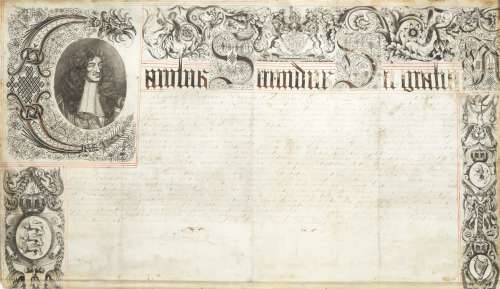 CHARLES II Warrant signed ('Carolus R') at foot, with engraved initial letter portrait of Charles...