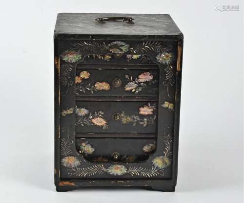 A 19th Century Oriental table top cabinet with mother of pearl inlaid decoration of cranes and