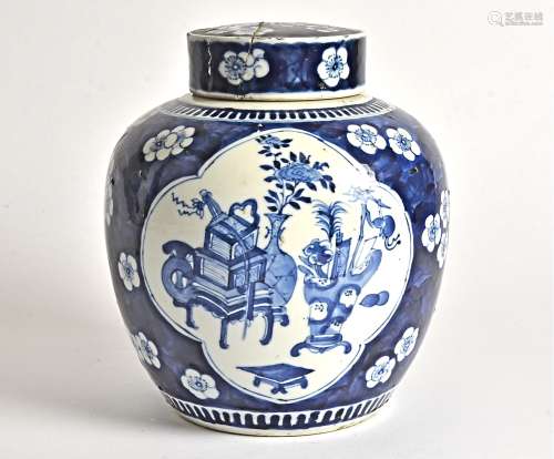 A prunus blossom decorated Chinese ginger jar, with oppositional cartouches of precious objects, a/f