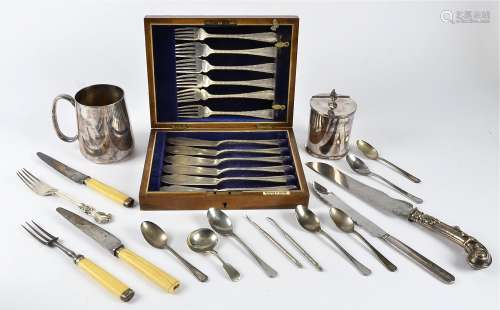 A Mappin & Webb silver plated set of fish knives, in a fitted box, together with a quantity of