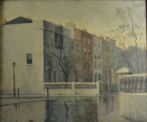 Harold Workman (1897-1975) oil on board, Victorian townhouses beside a pond, signed (lower left) '