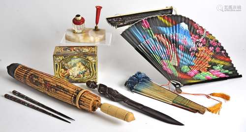A 20th Century Chinese paper phoenix and dragon parasol, length 46cm, together with various other