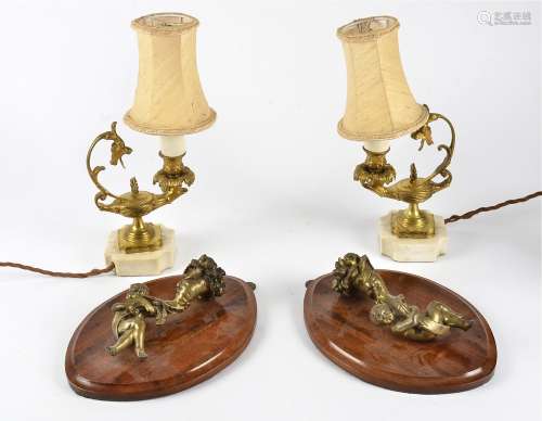 A pair of Rococo style table lamps, on square marble bases, height 31cm, together with two wall