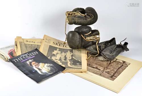 A pair of Vintage (1940s) Slazenger Sykes leather boxing gloves, straw filled, bearing a name tag '