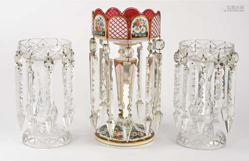 A single mid 19th Century Bohemian glass lustre, on cranberry ground overlaid in white and gilt,