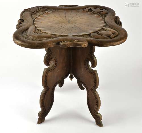 A mixed lot of Chinese treen including a 20th Century Chinese carved wood table surrounded by