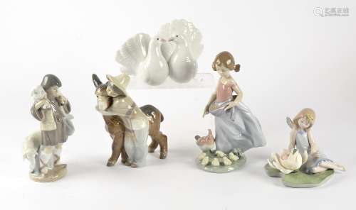Five Lladro figures, featuring fairies, shepherds, farmers and doves (5)
