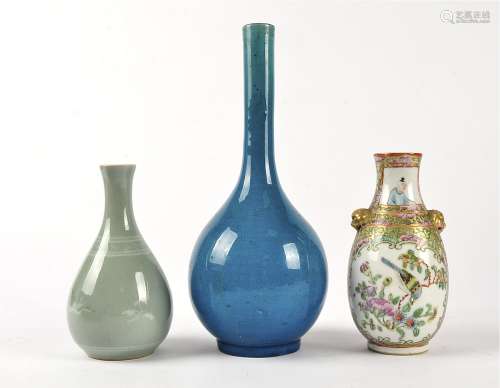 A Chinese turquoise glazed bottle vase, supported on a short straight foot, with unglazed base,