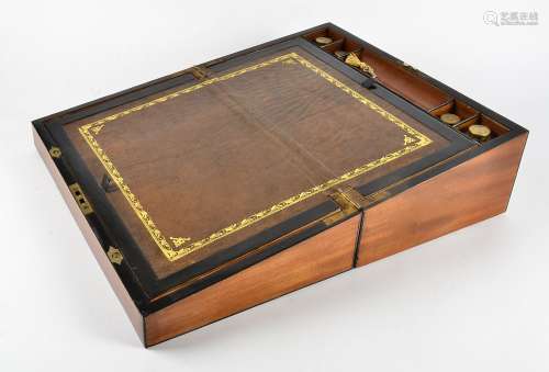 A Victorian mahogany writing slope, wooden inlays, a fitted interior containing four lidded glass