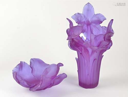 Two pieces of Daum glass France 20th Century, both of naturalistic shape and purple colouring: a