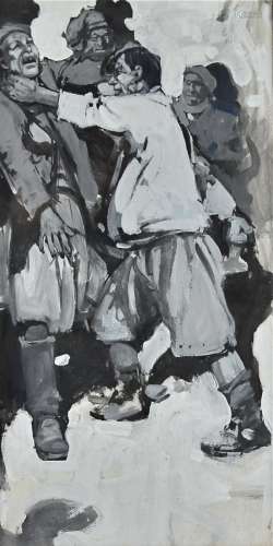 Frank Brangwyn (1867-1956) oil on board, a black and white fight scene, unsigned, 42cm x 21cm,