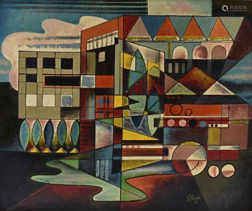 A contemporary oil on board, geometric patterns and shapes, signed and dated (lower right) 'G. Booth