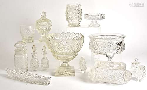 An early Victorian glass bowl, with moulded decoration, together with a jar and cover, boat shaped