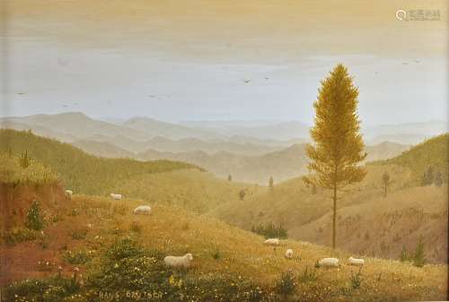Hans Brutsch (New Zealand, 1928-2014) oil on board, mountainous landscape with sheep, signed (