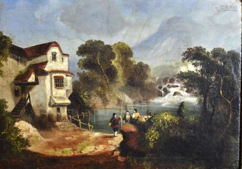 19th Century oil on canvas, rural landscape with figures fishing beside a house, unsigned, 23.5cm