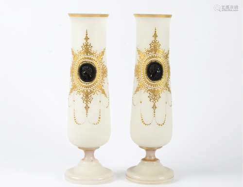 A pair of continental frosted glass vases, with central portrait roundel in the neo-classical style,