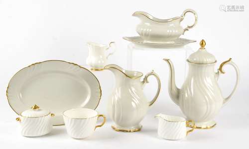 A Minton part tea set, including a teapot, coffee pot, plates, cups, jugs, with gilt highlighting on