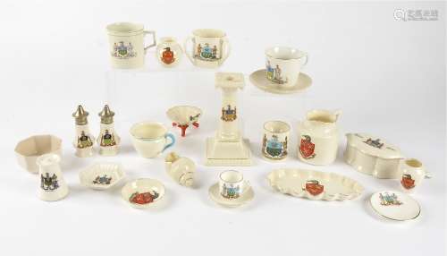 A selection of Sheffield related crested china, including a W. H. Goss milk jug, cup and saucer