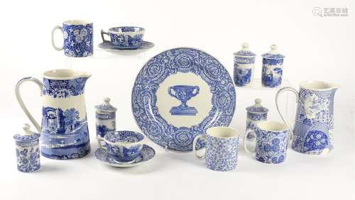 A small quantity of Spode blue and white tea wares, to include jugs, spice jars, mugs, cup and