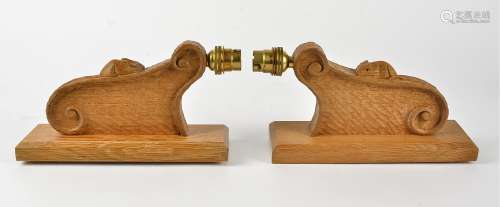 Two Robert Thompson of Kilburn 'Mouseman' oak wall light brackets, rectangular mounting plate