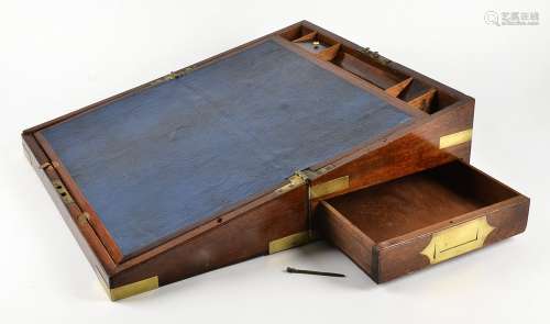 A Victorian mahogany writing slope with brass mountings, a fitted interior, side drawer and a blue