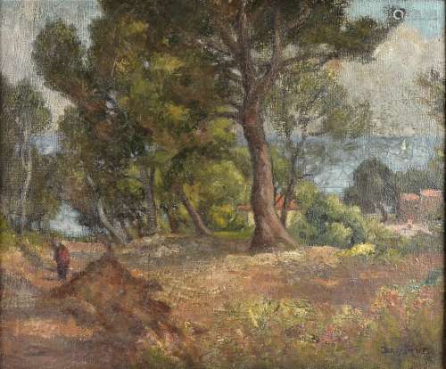 A 20th Century oil on canvas, a figure walking down a woodland path with a house in the