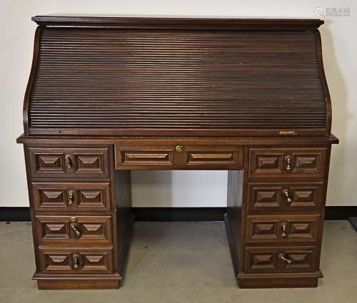 A contemporary mahogany pedestal S shape roll top desk, with one long central drawer to the top,