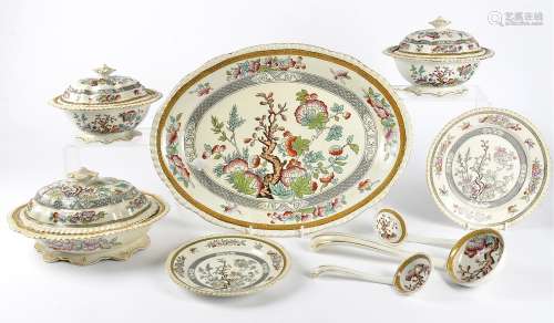 A Victorian part dinner service, including tureens, large serving plates, ladles, graduating sizes