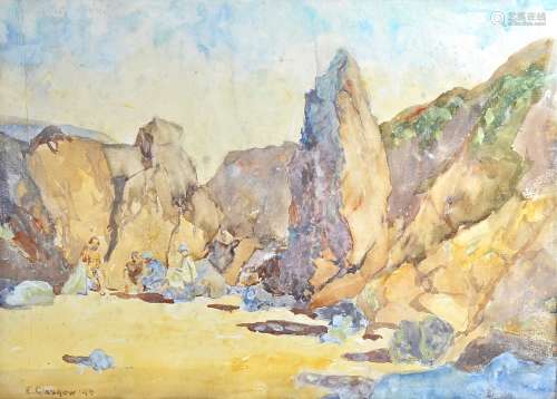 A pair of 20th Century watercolours on paper coastal scenes of people on a beach, signed and