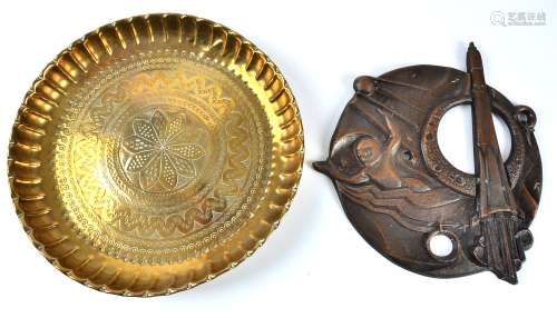 A plaque with a space theme, 20th Century, 25cm, together with a brass tray with Middle Eastern