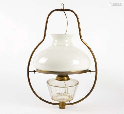 A hanging lamp with frosted shade together with a lustre light, the lamp approximately 52cm, the