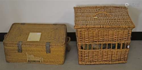 A tall compartmental wicker laundry basket, with three sections, 80cm x 80cm, together with two