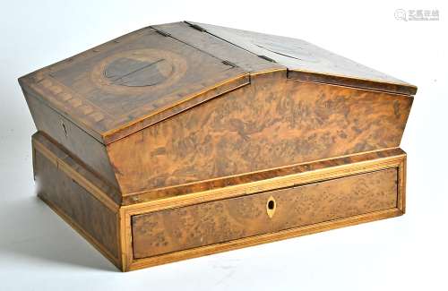 A burr maple writing box, in the Biedermeier taste, two panels with oval cartouches lifting to