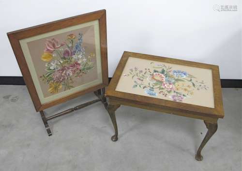 An early 20th Century rectangular table with inset embroidery panel, 64cm x 45cm, together with a