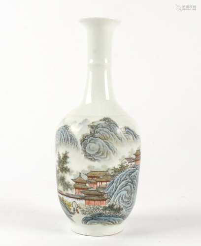 A 20th Century Chinese vase, with overglaze enamel landscape of mountains and lakes, the verso