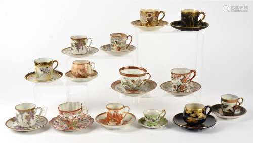 Thirteen pairs of 20th Century cups and saucers, mostly Japanese, including a Koshida chrysanthemums