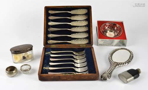 A six piece silver plated set of fish knives and forks, together with several other silver and