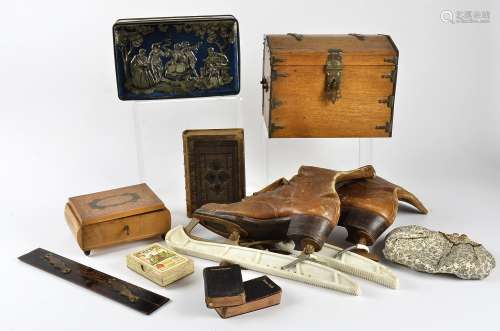 An oak domed casket, 19cm x 23.5cm x 15cm, together with 'Pepys Kargo Card Golf' playing cards,