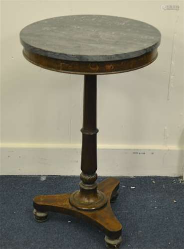 A William IV mahogany and marble topped occasional table, triform base with turned support and