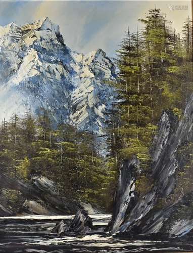 A pair of 20th Century mixed media on canvas paintings, both depicting mountain gorges, both