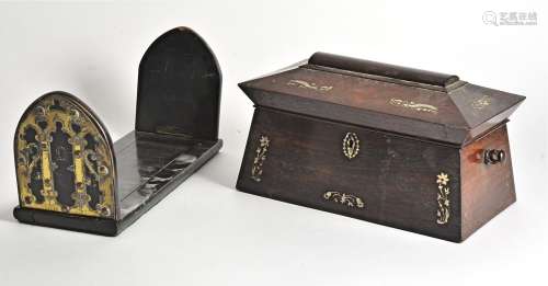 A sarcophagus shaped tea caddy, with mother of pearl inlay, 28cm x 16cm x 16cm, together with a