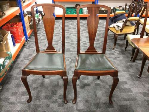 A set of six late 19th Century mahogany dining chairs, shaped inlaid splat backs, green