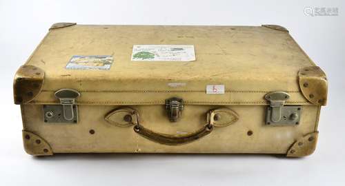 A mid 20th Century suitcase, cream plastic structure with a leather handle and metal fastenings,