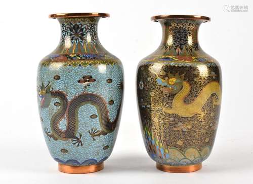 Two cloisonné enamel vases, each with a Chinese design of dragons chasing the flaming pearl, above