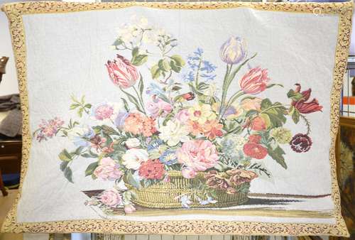 A contemporary Belgian wall tapestry by Matrax, depicting a basket of flowers in the antique Flemish