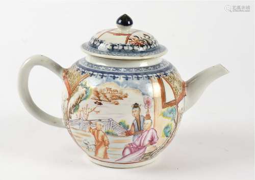 A 19th Century Chinese export ware teapot, with underglaze blue and white borders and overglaze