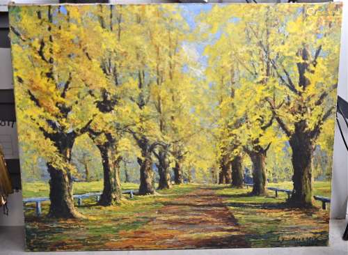 20th Century mixed media on canvas, path leading through a parkland framed with trees,