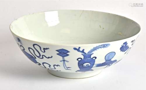 A Chinese bowl, with blue and white underglaze enamel decoration of precious objects, possibly