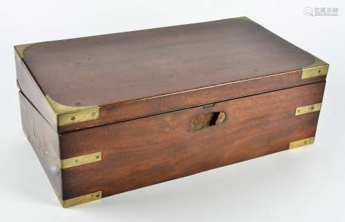 A Victorian mahogany writing slope with brass mountings, with defined components, missing interior