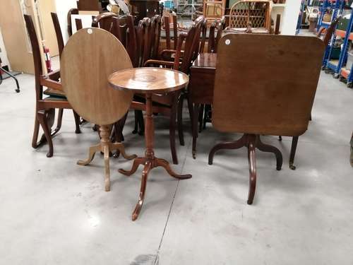 A George III mahogany square topped tilt top tripod table, 84cm high x 57cm square, together with an